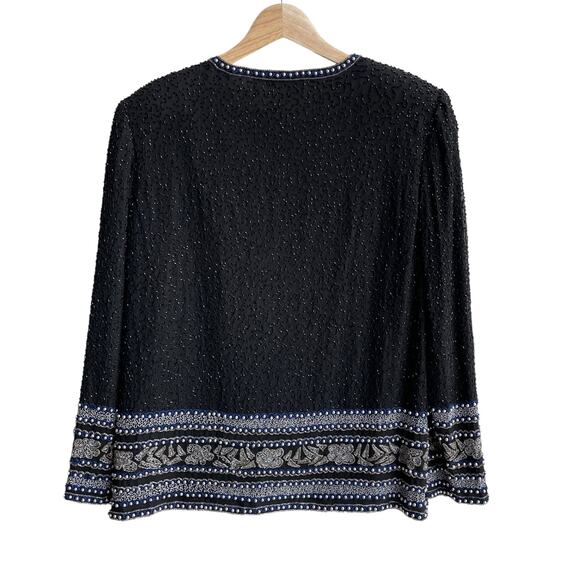 90s Vintage Beaded 100% Silk Evening Jacket Size S Black Blue Party Glam - Picture 5 of 15